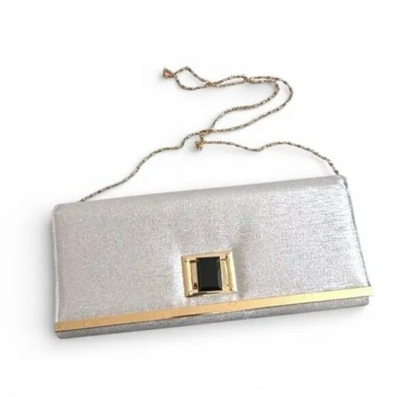 D'MARGEAUX Silver Metallic Goldtone accent Evening Clutch - Picture 7 of 10